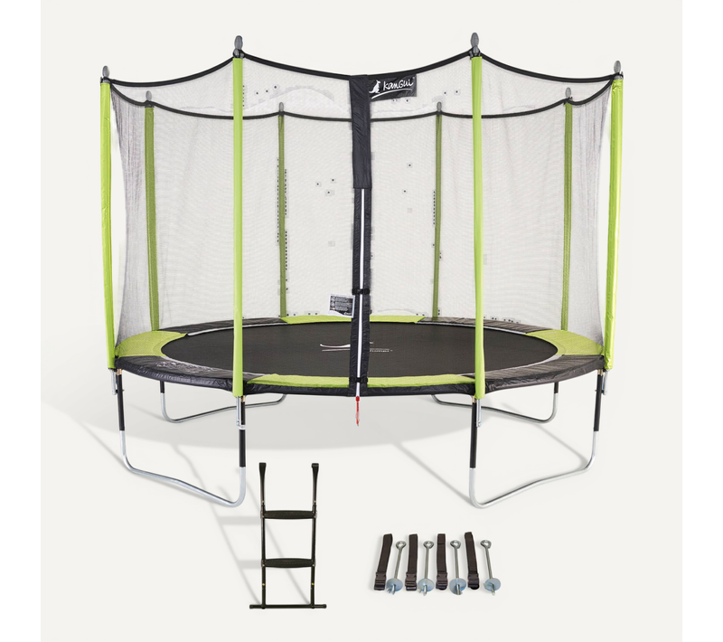 Trampoline Jardin D. 360 cm + échelle + Kit D'ancrage - Jumpi 360 - Noir/vert