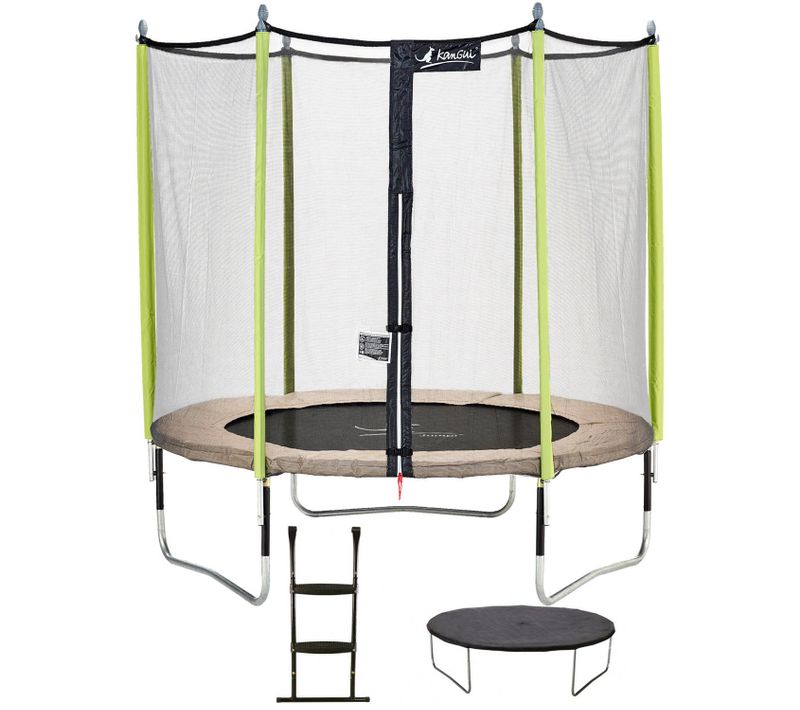 Trampoline Jardin D.250 cm + Filet + échelle + Bâche - Jumpi 250 – Taupe/vert