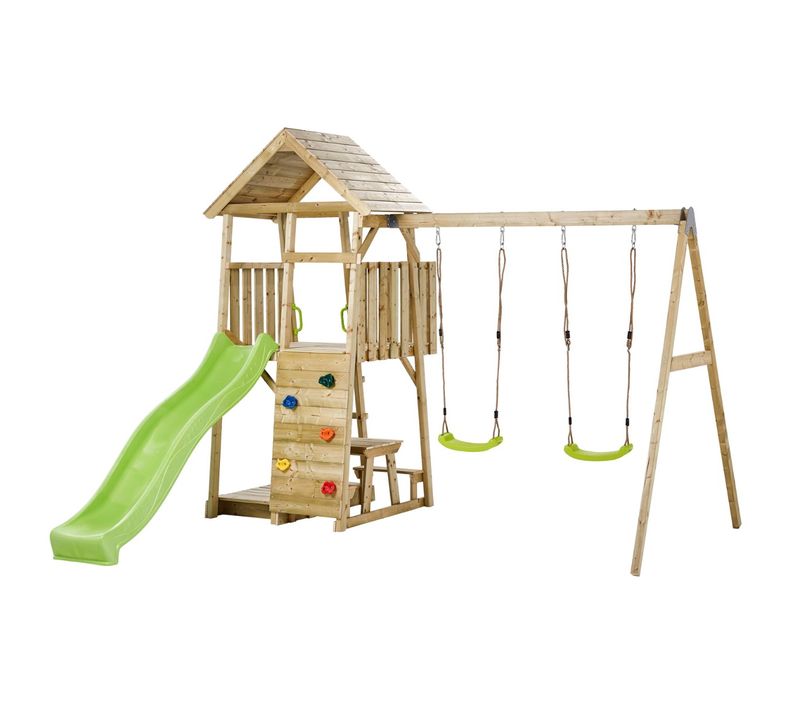 Aire De Jeux Portique En Bois Woodi - 2 Balançoires, 1 Toboggan, Mur D'escalade ...