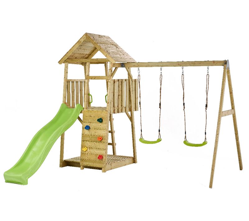 Aire De Jeux Bois, 2 Balançoires, Toboggan, Escalade, Bac à Sable Woodi