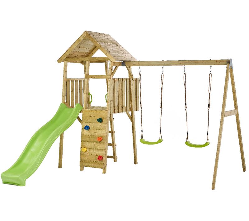 Aire De Jeux Bois Woodi - 2 Balançoires, Toboggan, Escalade, Cabane