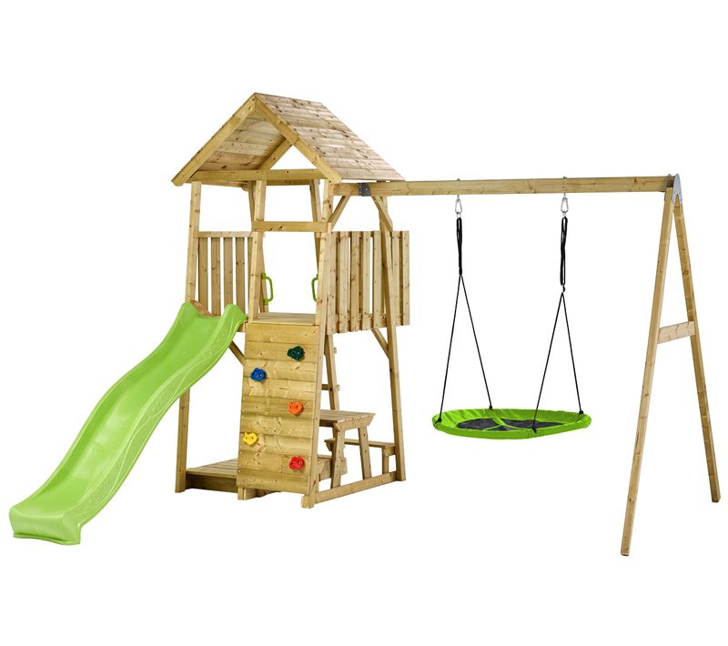 Aire De Jeux Woodi - Balançoires Et Nid, Toboggan, Escalade, Bac à Sable, Table