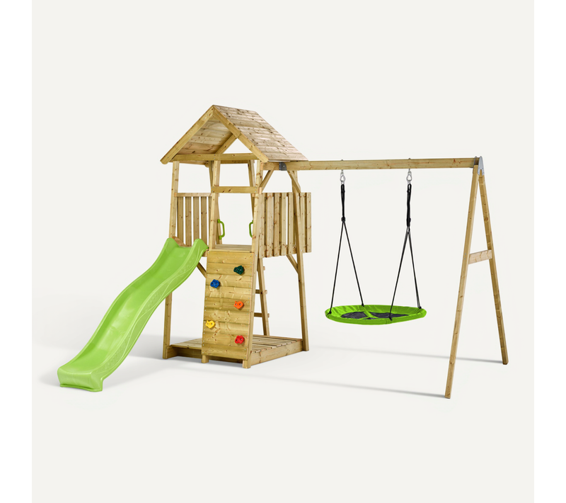 Aire De Jeux Bois, 2 Balançoires, Nid, Toboggan, Escalade, Bac À Sable Woodi