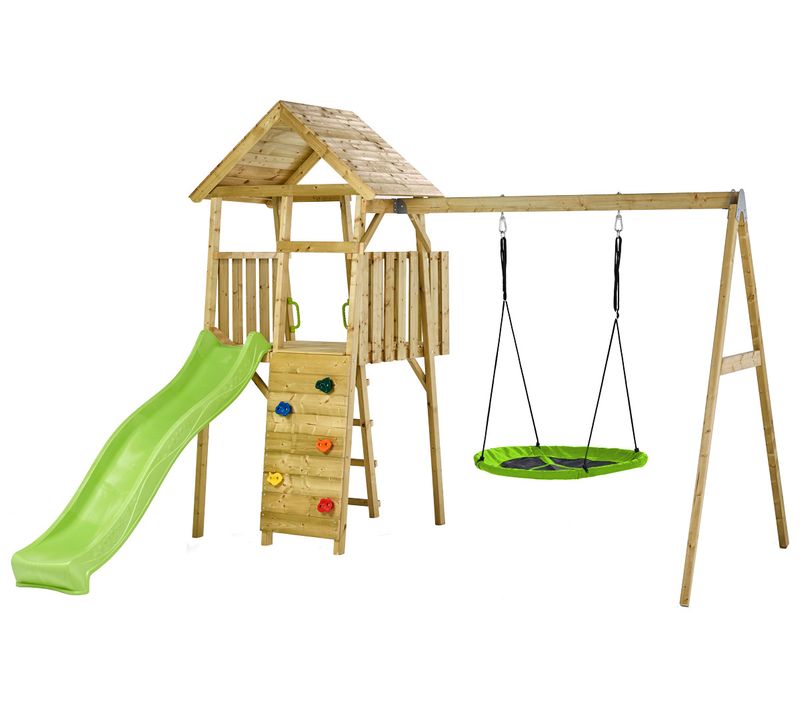 Aire De Jeux Bois Woodi - 2 Balançoires, Toboggan, Escalade, Cabane