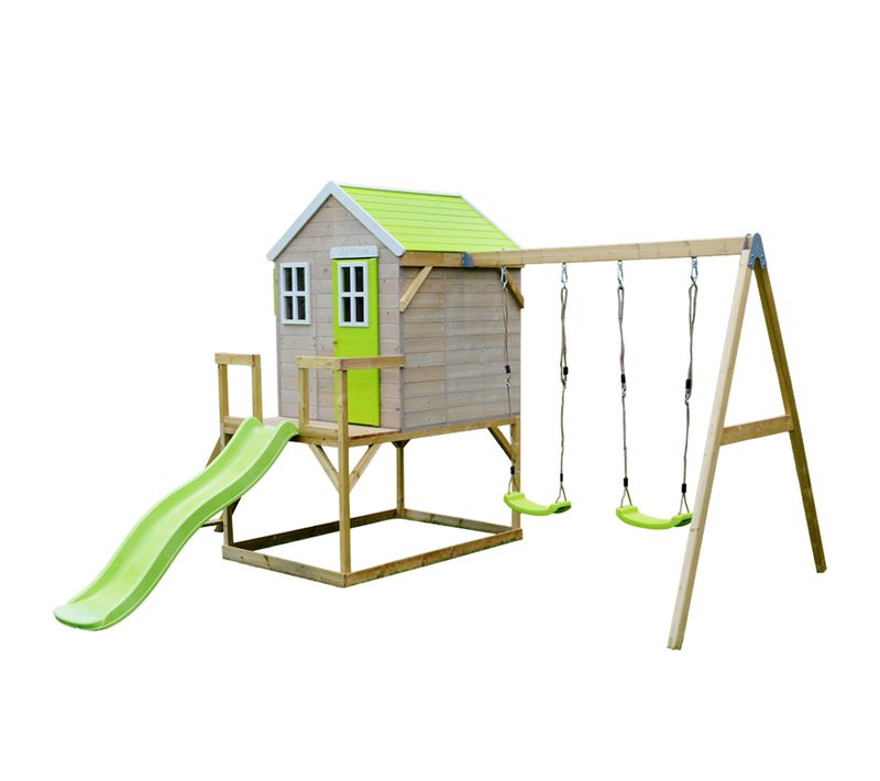 Maisonnette Enfant Extérieur En Bois Tinni Avec Plateforme, Toboggan Et Double Balançoire