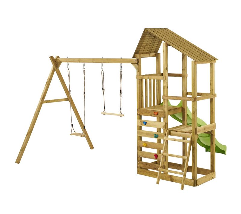 Tour De Jeux En Bois Woupi Balançoire, Trapèze, Toboggan, Mur Escalade, Cabane