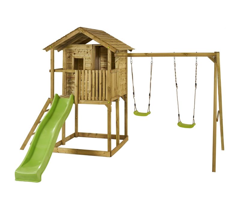 Aire De Jeux En Bois Avec Cabane Sur Pilotis Wapiti Avec Balançoires, Toboggan, Cabane Avec Balcon