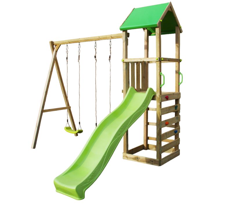 Portique Bois Enfant Avec Tobogan, Balançoires, Escalade Et Cabane Walli