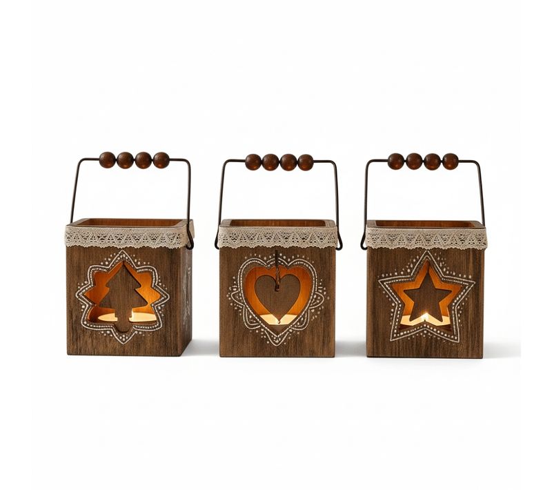 Pack 4 Photophores Carrés En Bois – Décorations De Table Noël, Ambiance Chaleureuse, Motifs Aléatoir