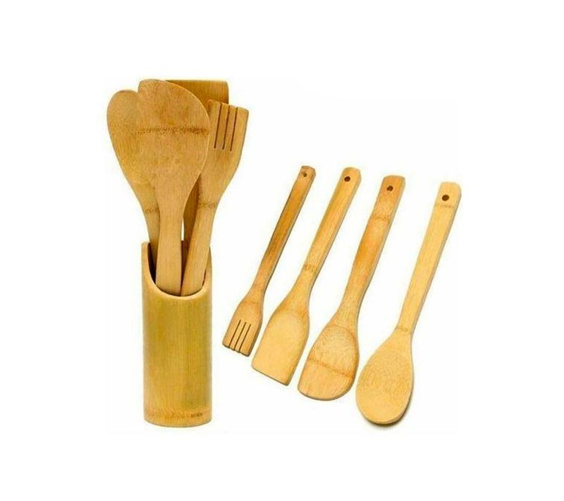 Lot D'ustensiles De Cuisine En Bambou Avec Pot