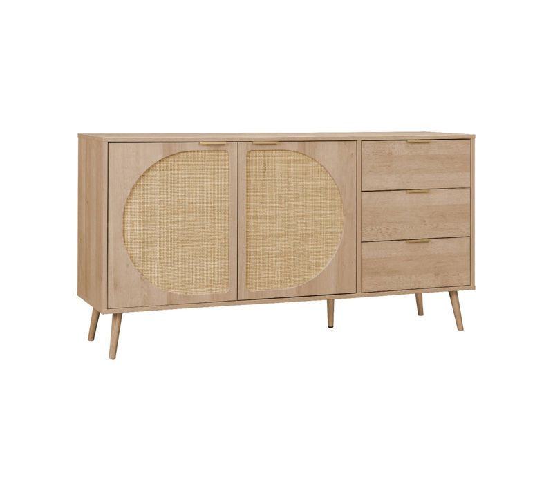 Buffet De Rangement. Eva.  Décor Bois Et Cannage Arrondi. 2 Portes 3 Tiroirs. Buffet Bas. L 150 X L