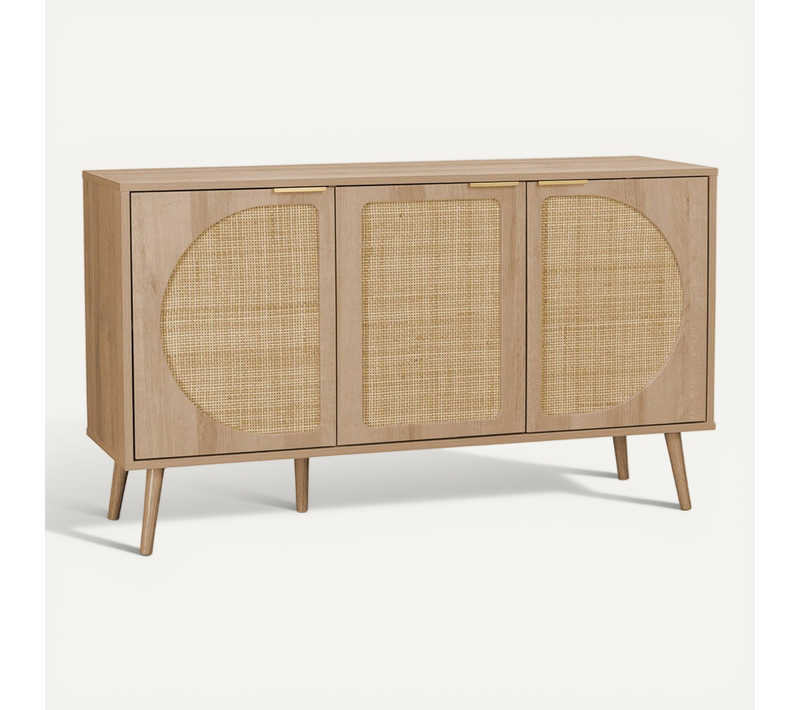 Buffet De Rangement. Eva. Cannage Arrondis Et Décor Bois. Trois Portes. Deux Niveaux . Buffet Bas.