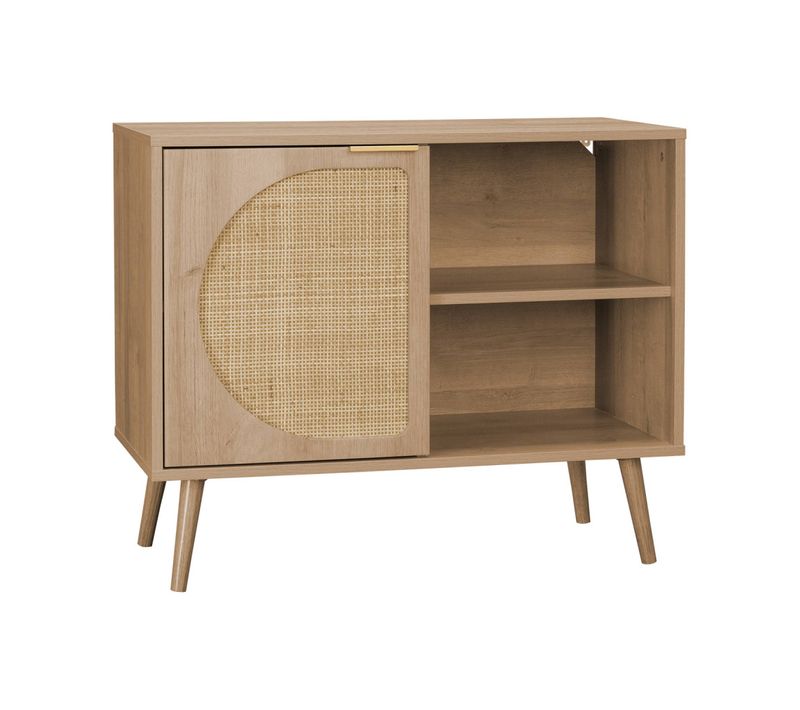 Buffet De Rangement Décor Bois Cannage Arrondis. Eva. 1 Portes Réversible. Deux Niveaux. Buffet