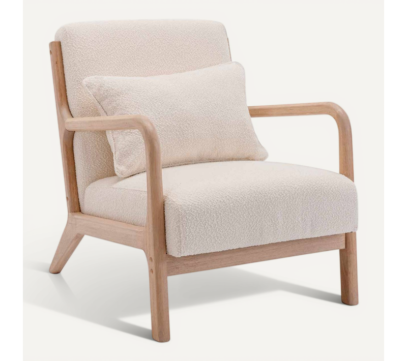 Fauteuil à Bouclettes Blanches Texturées. Bois Et Tissu. 1 Place Droit Fixe. Pieds Compas