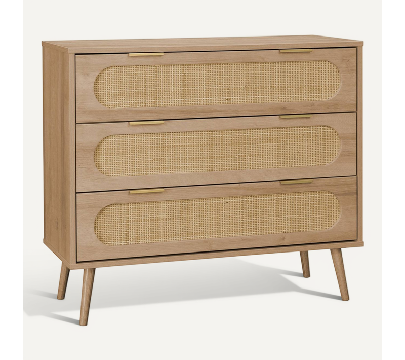 Commode. Eva. Décor Bois Et Cannage Arrondi. 3 Tiroirs L 90 X L 39 X H 79cm