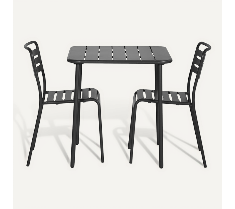 Table De Jardin Métal + 2 Assises Anthracite Amélia. Lattes Et Bords Arrondis. Traitement