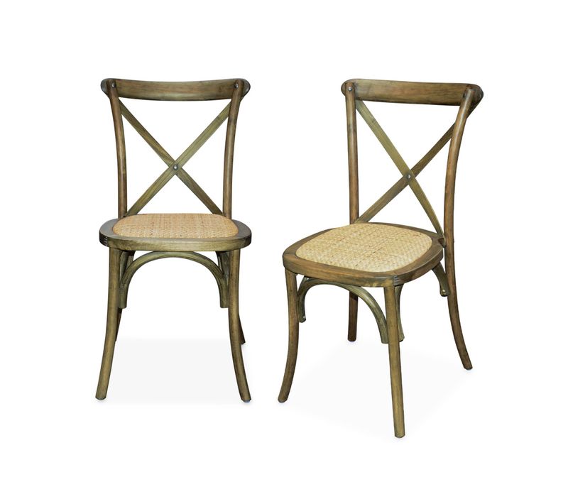 Lot De 2 Chaises De Bistrot En Bois D'hévéa Marron Vieilli. Vintage. Assise En Rotin. Empilables