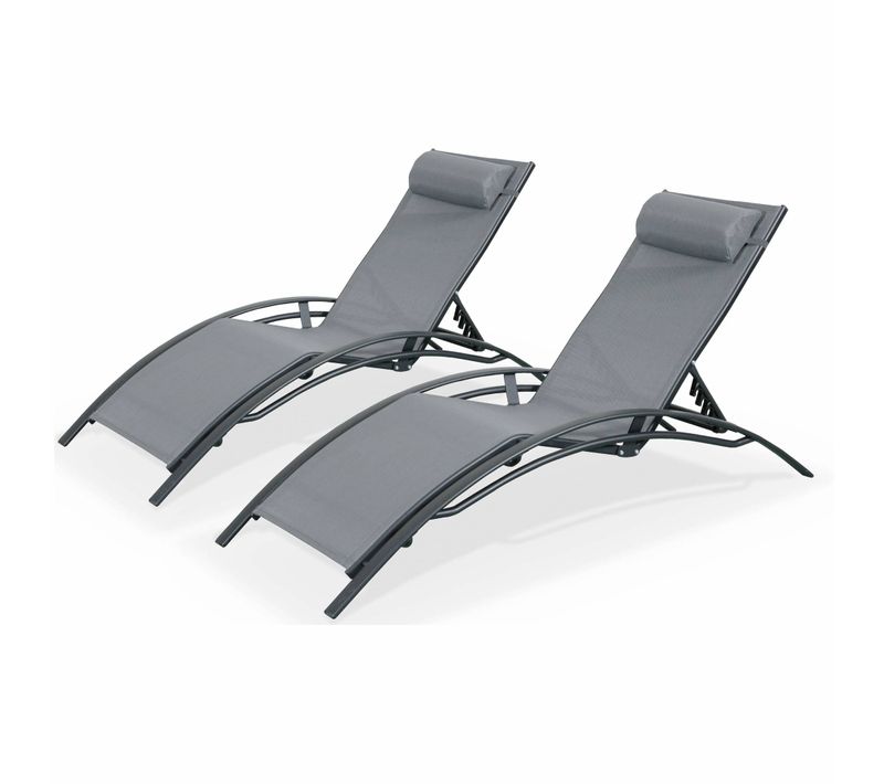 Duo De Bains De Soleil Aluminium - Louisa Anthracite - Transats Aluminium Et Textilène