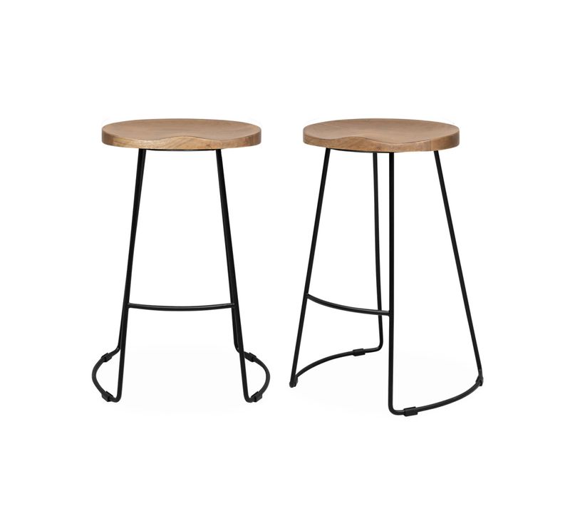 Lot De 2 Tabourets De Bars Bois De Manguier Naturel Et Acier. Avec Repose Pieds. 65cm