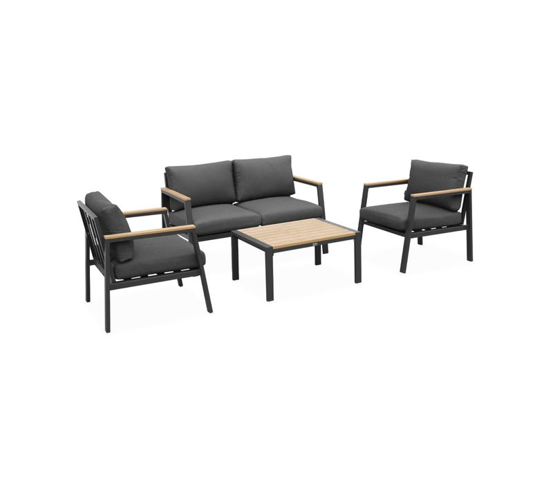 Salon De Jardin Casoria. Gris Foncé. Aluminium Et Polywood 4 Places. 1 Canapé. 2 Fauteuils. 1 Table