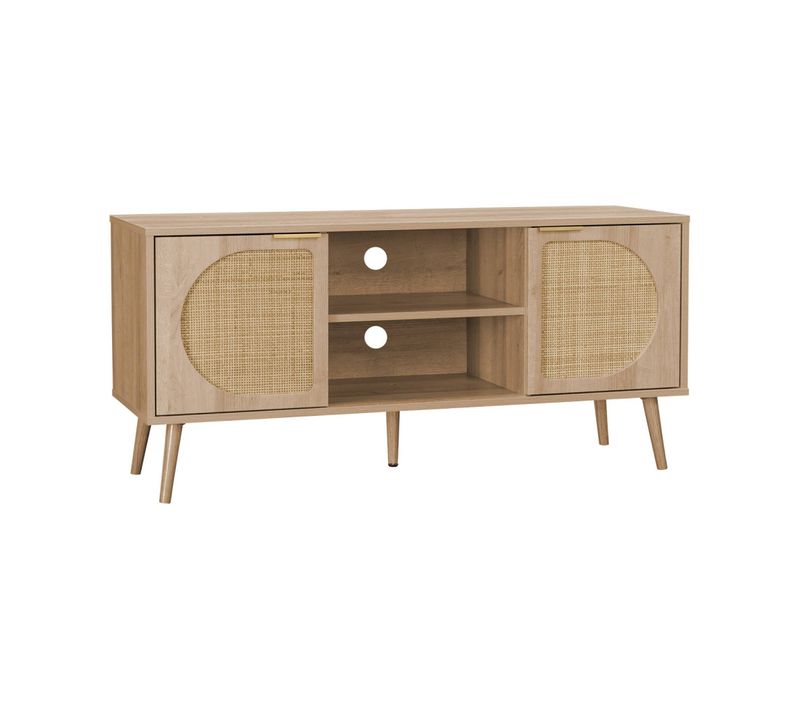 Meuble TV. Eva. Décor Bois Et Cannage Arrondi 2 Portes. 1 Étagère L120 X L39 X H56.5cm