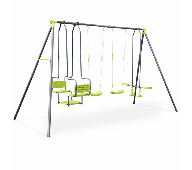 Balançoire 4 Agrès Meltemi. Portique 6 Places Avec 2 Balançoires. 1 Face à Face Et 1 Nacelle. 223cm