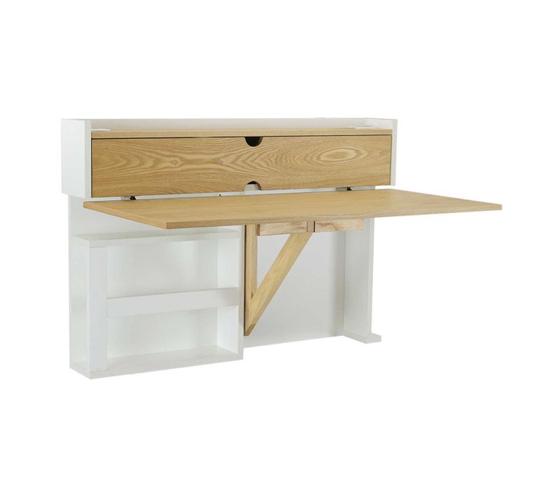 Bureau Mural Rabattable Chêne Et Blanc 100cm - Avec Passe Câbles