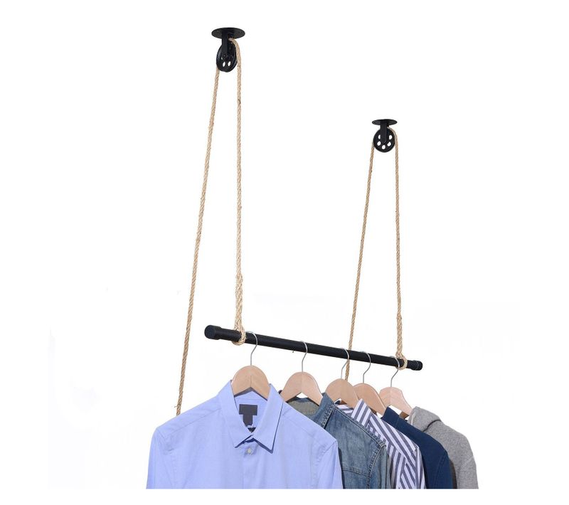 Penderie Suspendue Bois L100cm Noir Avec Corde Et Poulie Lano