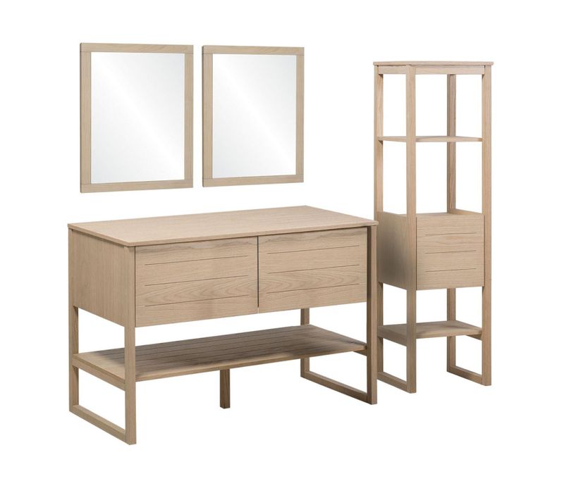 Meuble De Salle De Bain Chêne 120 Cm + Colonne De Rangement Chêne 145 Cm Atoll + 2 Miroirs