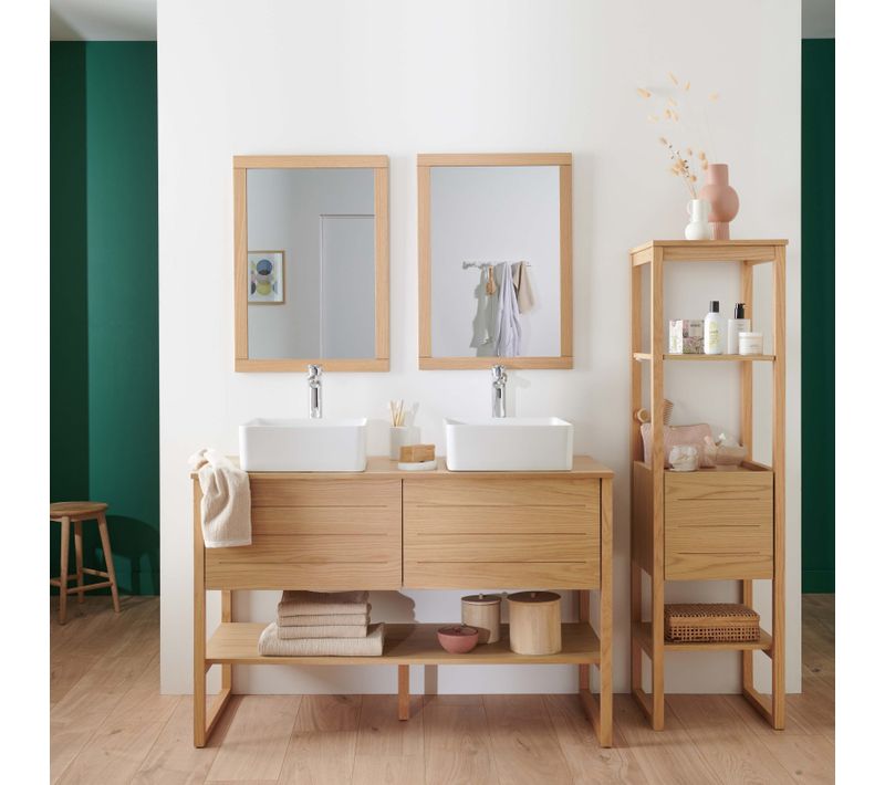 Meuble Sous Vasque Plaqué Chêne Naturel Atoll 120cm+vasque+miroir Carré+colonne