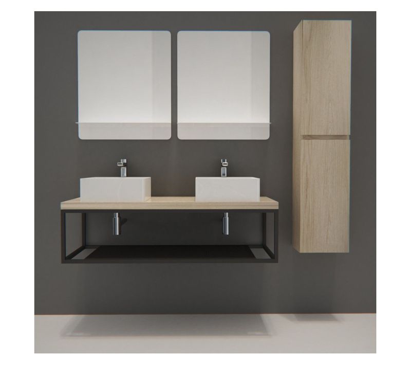 Meuble Salle De Bain L120 Cm Avec Vasques, Miroirs Et Colonne Décor Chêne