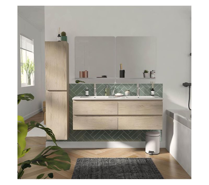 Meuble Double Vasque 120cm Avec Plan Céramique Sorrento Décor Chêne+miroir+co