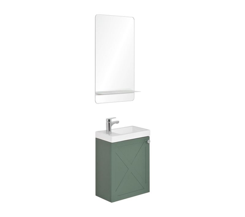 Meuble Lave-mains Ava Vert De Gris + Miroir Tablette Blanche