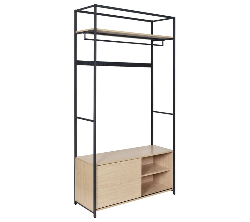 Portant D'entrée En Bois Et Métal Noir 110x200cm - Rangement Fermé Et Patères