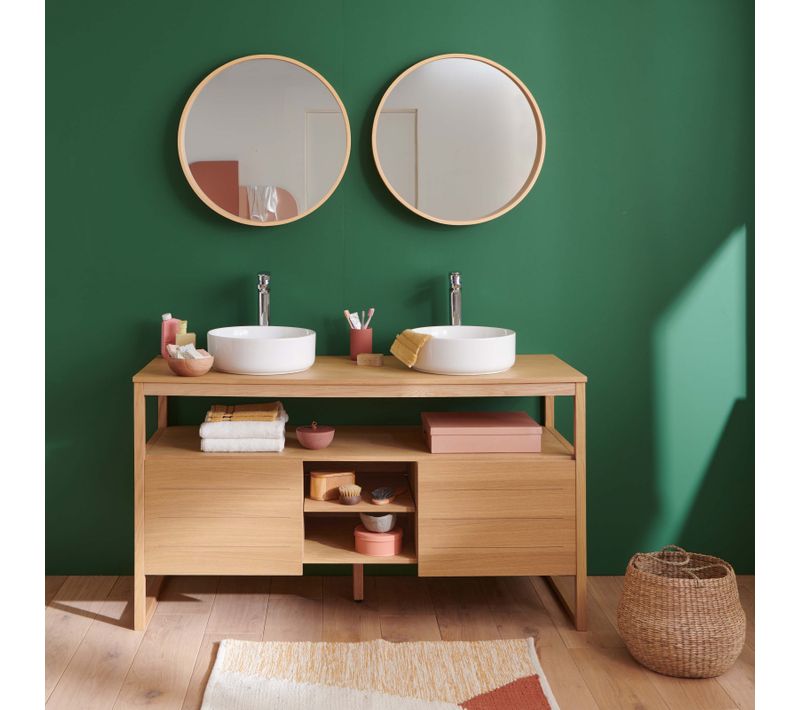 Meuble Sous Vasque Plaqué Chêne Naturel Atoll 140cm +vasque Blanche+miroir