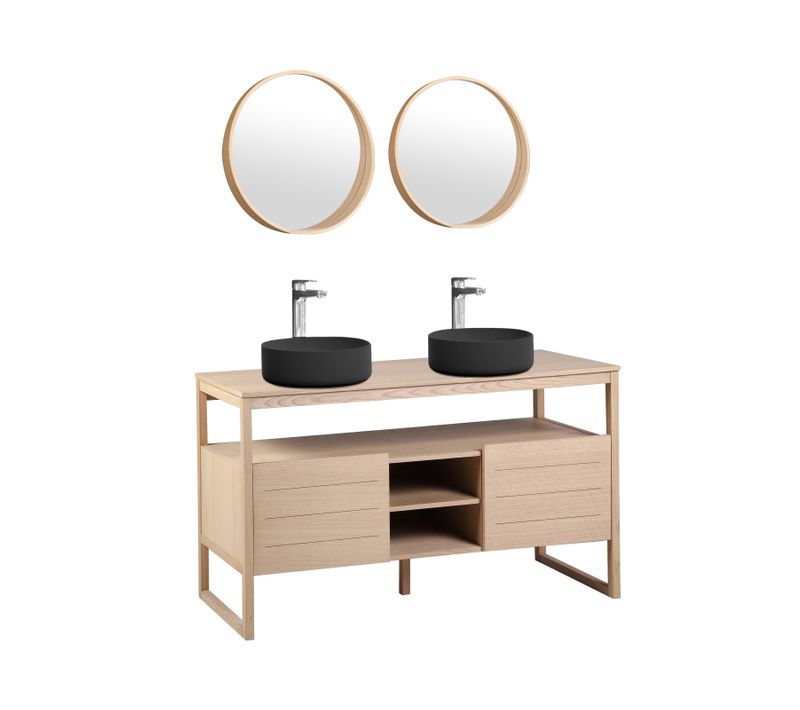 Meuble Sous Vasque Plaqué Chêne Naturel Atoll 140cm + Vasque Noire + Miroir