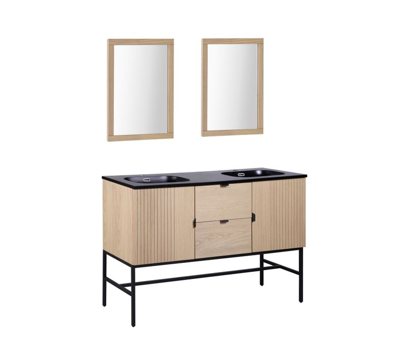 Meuble Double Vasque 140cm Chêne Studio Sur Pieds + Miroir Carré