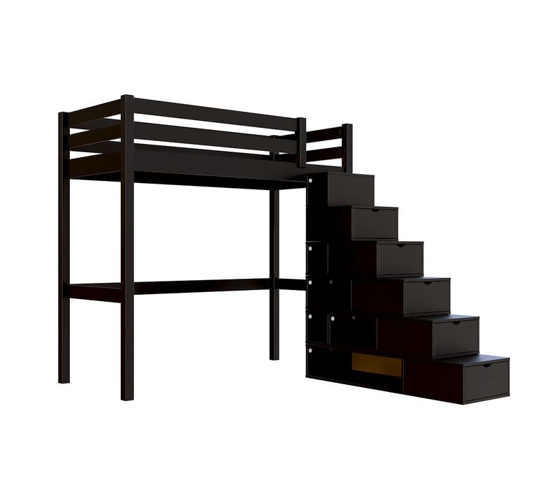 Lit Mezzanine Bois 90x200 Sylvia Avec Escalier Cube, Noir