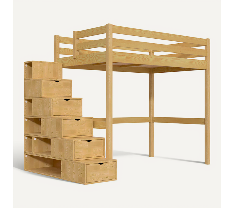 Lit Mezzanine Bois 120x200 Sylvia Avec Escalier Cube, Miel