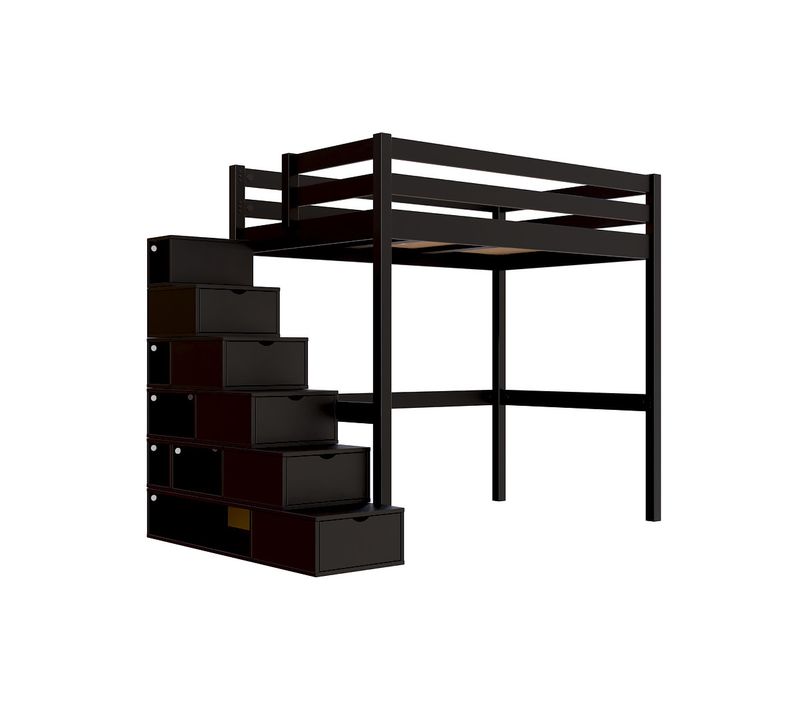 Lit Mezzanine Bois 120x200 Sylvia Avec Escalier Cube, Noir