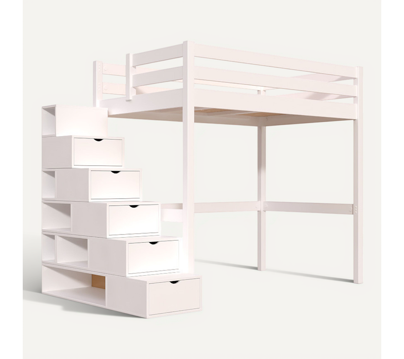 Lit Mezzanine Bois 120x200 Sylvia Avec Escalier Cube, Blanc