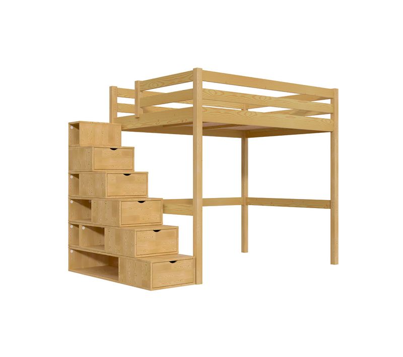 Lit Mezzanine Bois 140x200 Sylvia Avec Escalier Cube, Miel