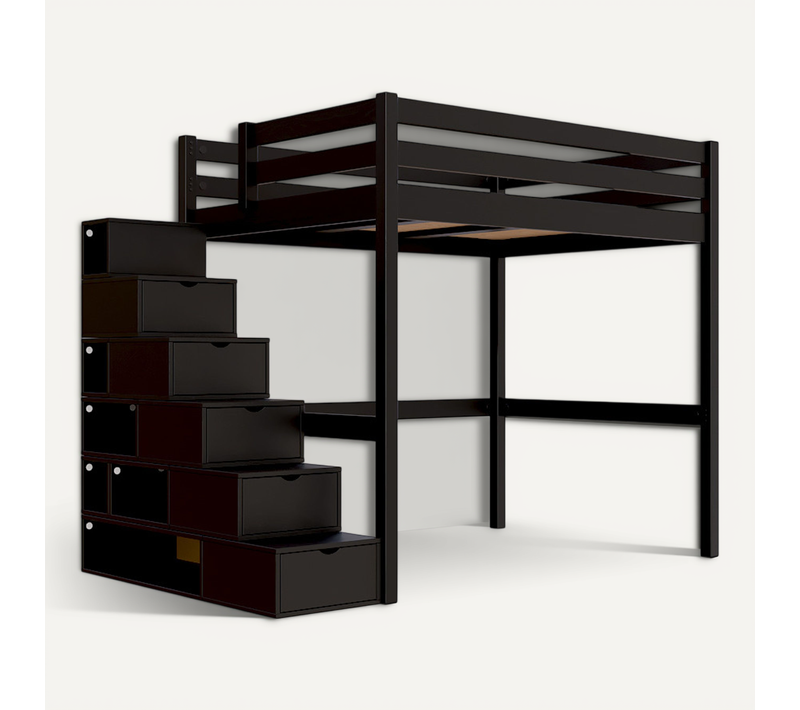 Lit Mezzanine Bois 140x200 Sylvia Avec Escalier Cube, Noir