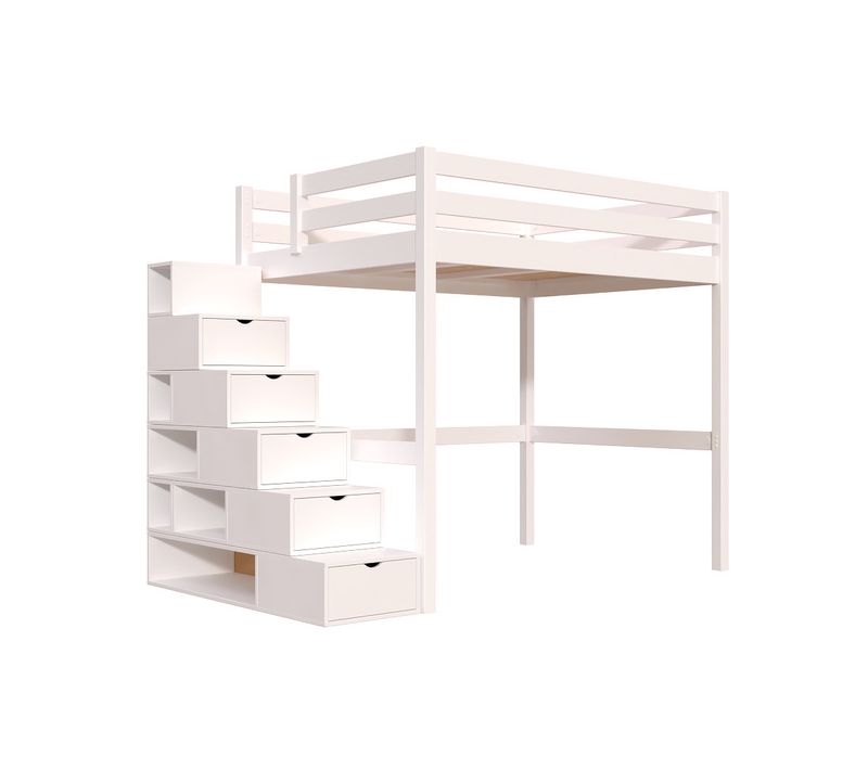 Lit Mezzanine Bois 140x200 Sylvia Avec Escalier Cube, Blanc