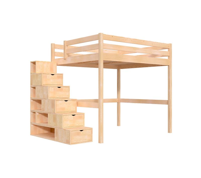 Lit Mezzanine Bois 160x200 Avec Escalier Cube Sylvia, Brut (sans Vernis)