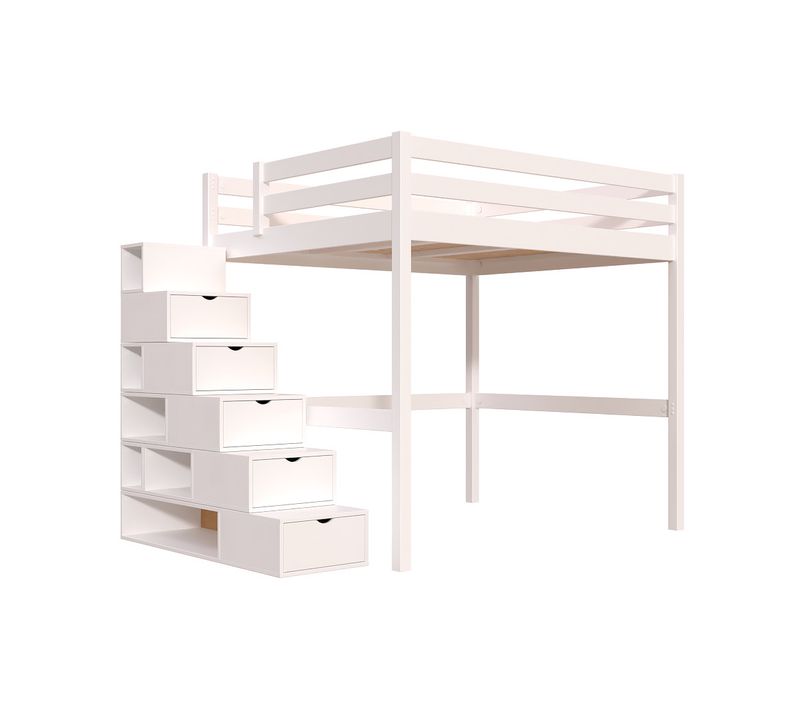 Lit Mezzanine Bois 160x200 Avec Escalier Cube Sylvia, Blanc