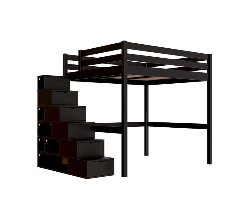 Lit Mezzanine Bois 160x200 Avec Escalier Cube Sylvia, Noir