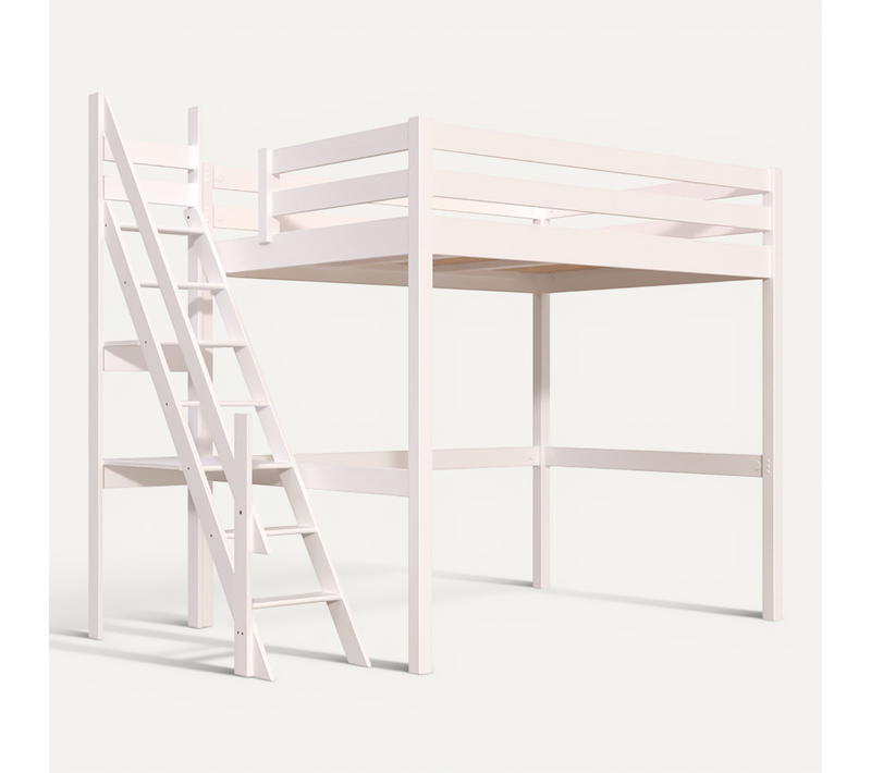 Lit Mezzanine Bois 140x200 Sylvia Avec Escalier De Meunier, Blanc