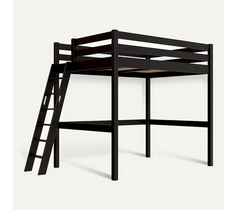 Lit Mezzanine 2 Places Bois Sylvia 140x200 Échelle Inclinée, Noir