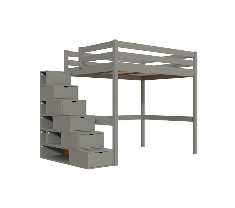 Lit Mezzanine Bois 140x200 Sylvia Avec Escalier Cube, Gris